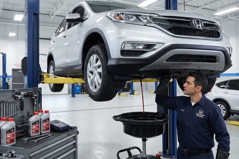 Kỹ thuật viên xả và thay dầu hộp số tự động cho Honda CR-V tại xưởng dịch vụ VATS.