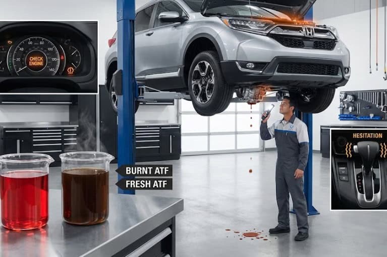 Dầu hộp số Honda CR-V chuyển màu sẫm và có mùi khét, dấu hiệu cần thay mới.