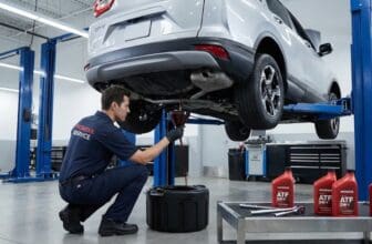 Kỹ thuật viên thực hiện thay dầu hộp số cho xe Honda CR-V tại xưởng dịch vụ