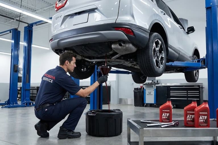 Kỹ thuật viên thực hiện thay dầu hộp số cho xe Honda CR-V tại xưởng dịch vụ