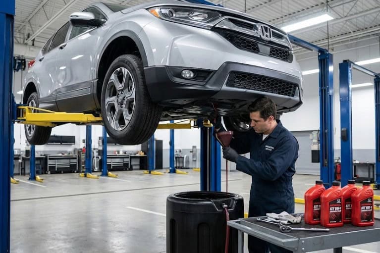 Thay dầu hộp số cho xe Honda CR-V bằng dầu ATF chuyên dụng tại xưởng dịch vụ.