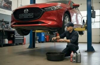 Thay dầu hộp số Mazda3 tại garage, kỹ thuật viên kiểm tra gầm xe và dầu ATF