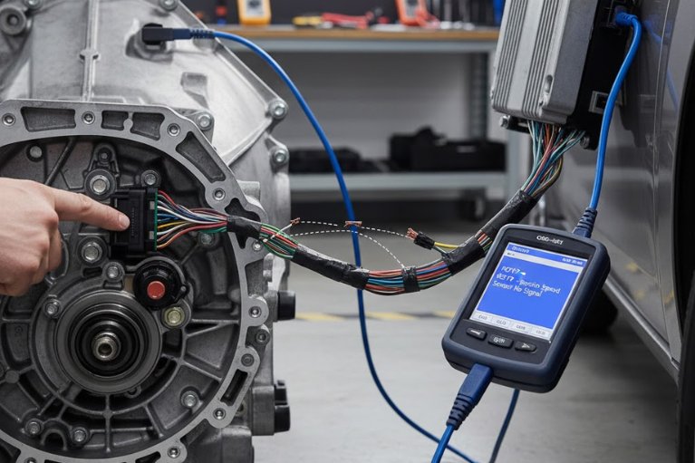 Kiểm tra cảm biến tốc độ trục đầu vào hộp số bằng máy chẩn đoán để xác định lỗi P0717.