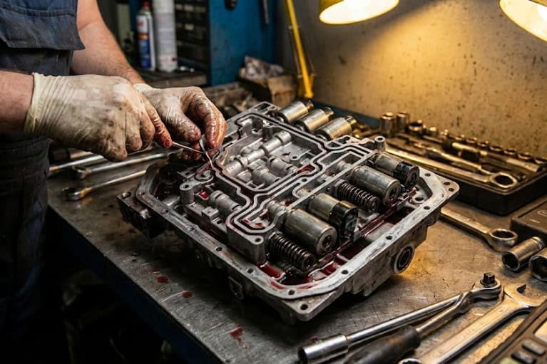 Cơ chế gây trễ số bên trong hộp số do solenoid yếu, lá côn trượt hoặc áp suất dầu phản hồi chậm.