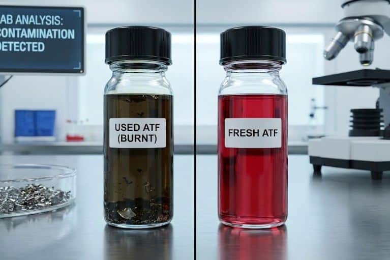 So sánh dầu hộp số màu nâu, đen và đỏ để nhận biết tình trạng biến chất hoặc ô nhiễm gây giật hộp số.