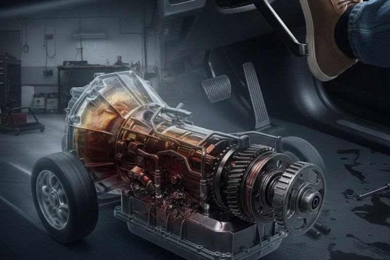 Hộp số bị ì do dầu cháy và cặn bẩn làm mất áp suất, khiến ly hợp trượt và xe tăng ga nhưng không chạy.