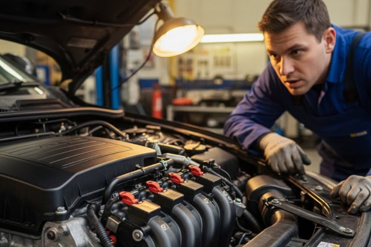 Kỹ thuật viên kiểm tra động cơ bị rung mạnh khi tăng ga do đánh lửa hoặc nhiên liệu không ổn định.