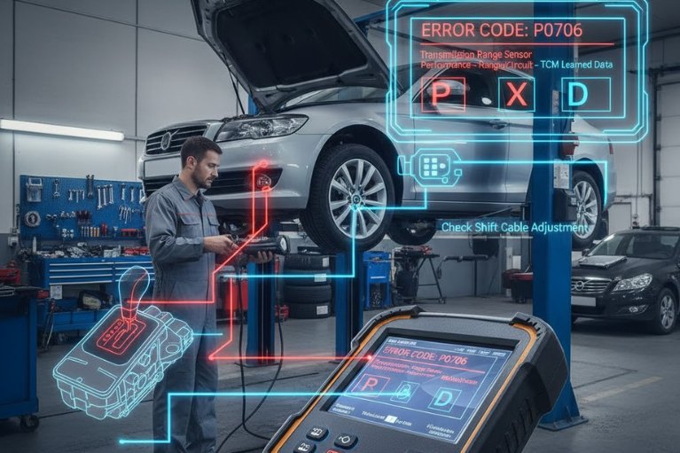Garage chẩn đoán mã lỗi P0706 bằng máy OBD-II trong quá trình kiểm tra hộp số.