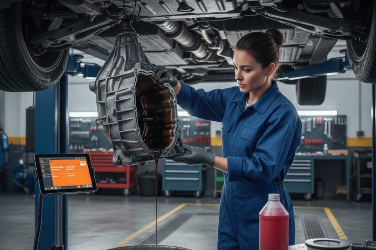 Kỹ thuật viên kiểm tra áp suất dầu hộp số và chẩn đoán tình trạng xe bị ì trong garage.