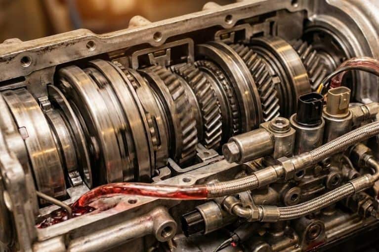 Hình ảnh cận cảnh cụm bánh răng và ổ bi trong hộp số ô tô. Các chi tiết bị mòn nhẹ và có dấu hiệu xước mặt tiếp xúc, dễ gây rung giật khi sang số hoặc truyền lực không ổn định. Ảnh dùng để minh họa cho tình trạng hộp số xuống cấp và cần kiểm tra bảo dưỡng.