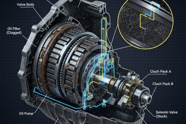 Hình minh họa valve body, lọc dầu tắc, solenoid kẹt và các clutch pack bên trong hộp số tự động - những lỗi thủy lực và cơ cấu thường gây tình trạng vào số chậm.
