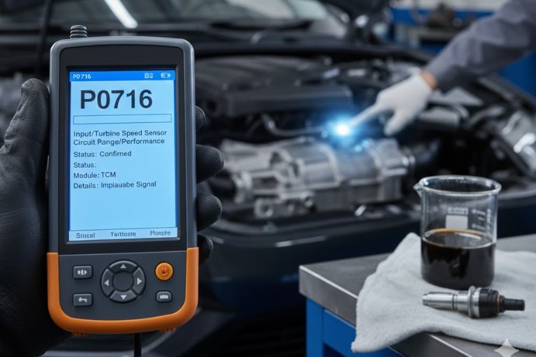 Máy đọc lỗi OBD-II hiển thị mã lỗi P0716 của hộp số.