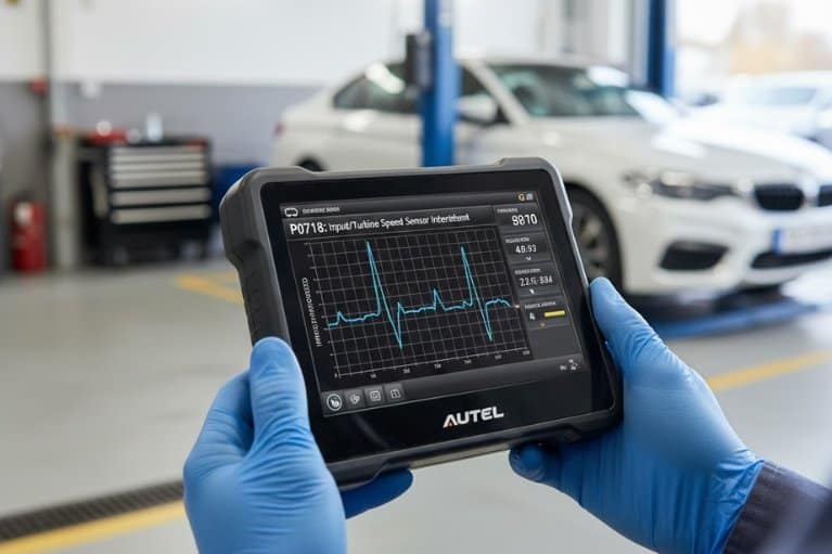 Máy chẩn đoán hiển thị mã lỗi P0718 với dữ liệu tín hiệu tốc độ trục vào không ổn định.