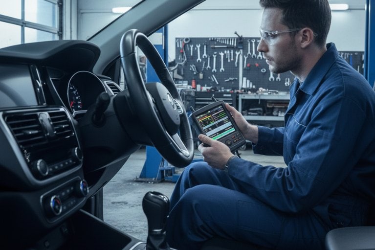 Kỹ thuật viên đang dùng máy chẩn đoán OBD kiểm tra tình trạng xe rung khi vào số, ghi nhận các dấu hiệu bất thường như rung giật khi gài D hoặc R, tua máy tụt, tiếng cạch và động cơ hụt hơi.