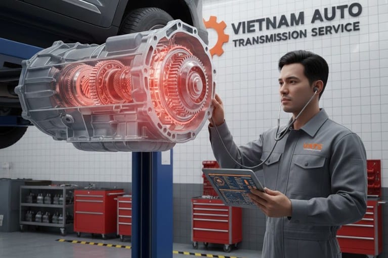 Kỹ thuật viên đang kiểm tra tiếng hú hộp số để xác định mài mòn cơ khí, áp suất dầu và tình trạng truyền lực.