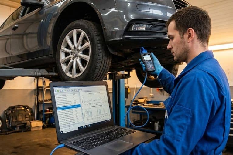 Kỹ thuật viên đang dùng máy chẩn đoán để kiểm tra lỗi khiến xe bị giật khi sang số.