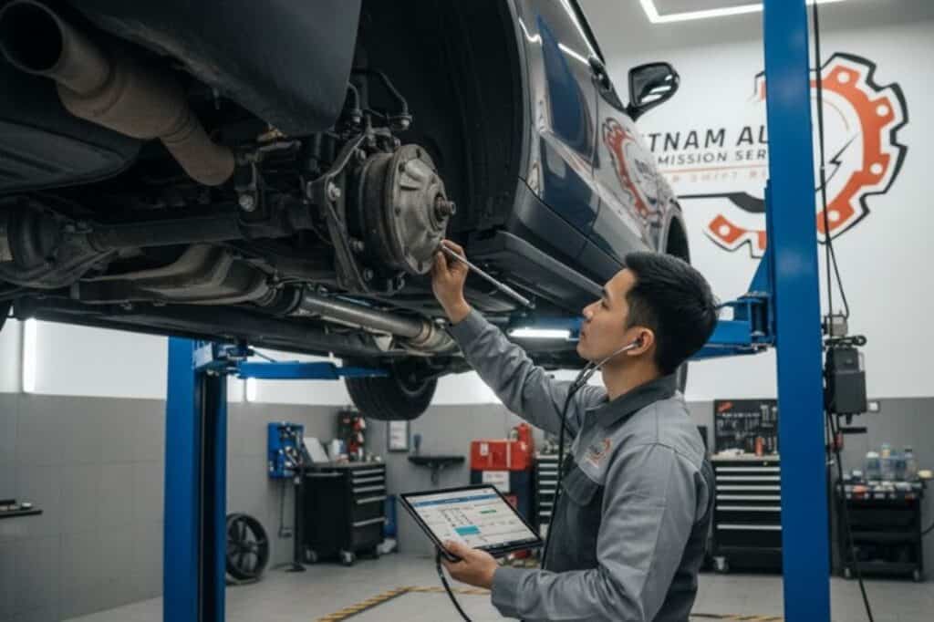 Kỹ thuật viên VATS kiểm tra trục truyền, vi sai và ổ bi để xác định nguyên nhân xe hú