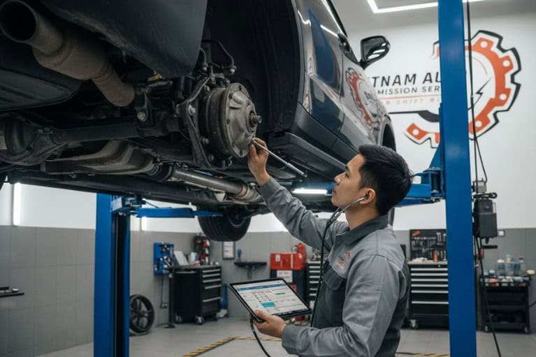 Kỹ thuật viên VATS kiểm tra trục truyền, vi sai và ổ bi để xác định nguyên nhân xe hú