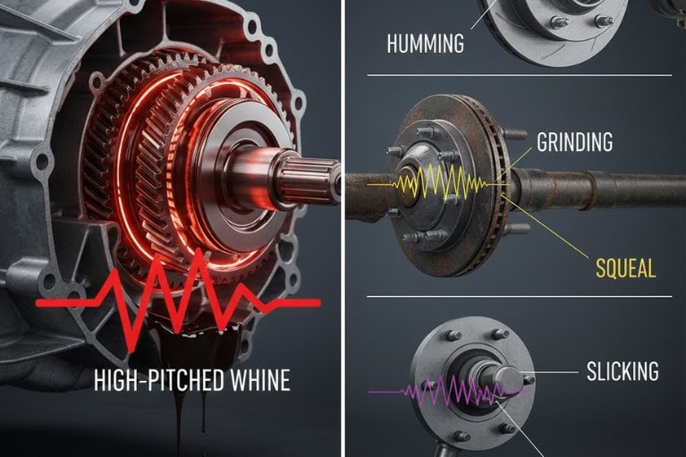 So sánh tiếng hú hộp số với âm thanh từ bạc đạn bánh xe, vi sai và lốp để nhận diện đúng nguồn phát tiếng ồn.