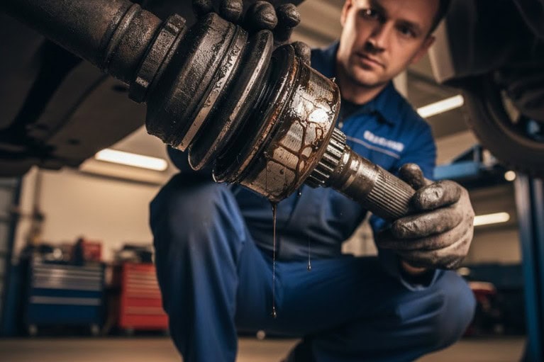 Kỹ thuật viên kiểm tra trục láp và khớp đồng tốc bị mòn, nguyên nhân gây rung khi đạp ga.