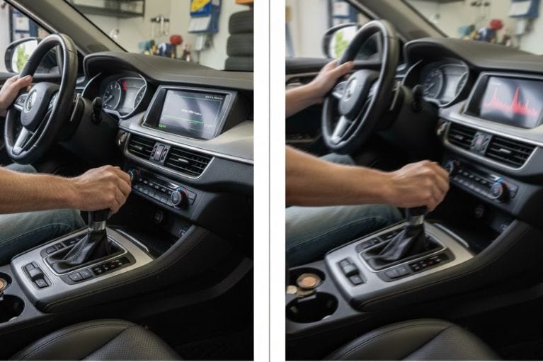 So sánh cảm giác lái giữa xe bình thường và xe bị giật khi sang số qua hình ảnh nội thất và cần số.