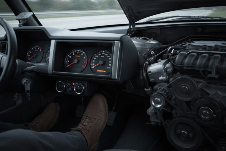 Bảng đồng hồ ô tô hiển thị vòng tua tăng cao khi vào số nhưng xe không tăng tốc, mô phỏng tình trạng hụt ga khi gài D.