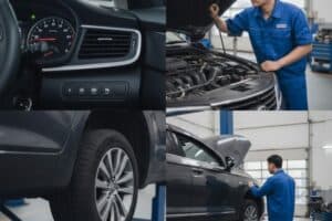 Nội thất ô tô đang được kiểm tra lỗi tăng tua nhưng xe không di chuyển, kỹ thuật viên dùng máy chẩn đoán để xác định nguyên nhân hộp số hoặc truyền động.