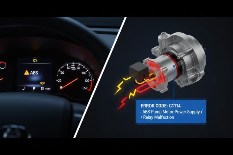 Hình ảnh minh họa mã lỗi C1114 liên quan đến nguồn cấp mô tơ bơm ABS và rơ-le trên xe ô tô.