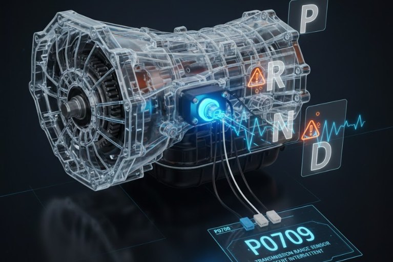 Minh họa hộp số với tín hiệu P R N D hiển thị không ổn định do lỗi P0709.