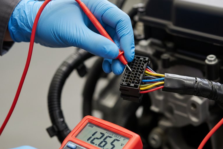 Hình ảnh kỹ thuật viên dùng đồng hồ VOM đo điện áp tại giắc cắm hộp số.