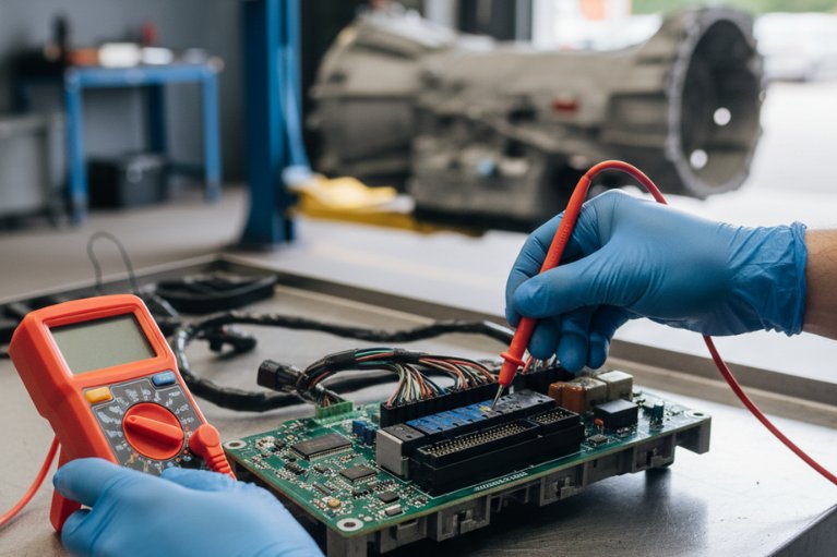 Nhâ viên đo vỉ mạch hộp số bằng đồng hồ điện khi chẩn đoán P0720.