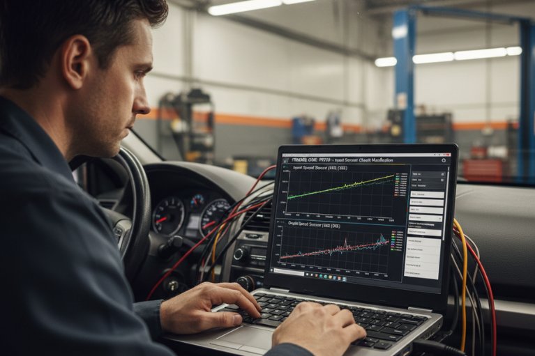 Kỹ thuật viên kiểm tra hộp số bằng thiết bị chẩn đoán, theo dõi dữ liệu Live Data trên xe ô tô.