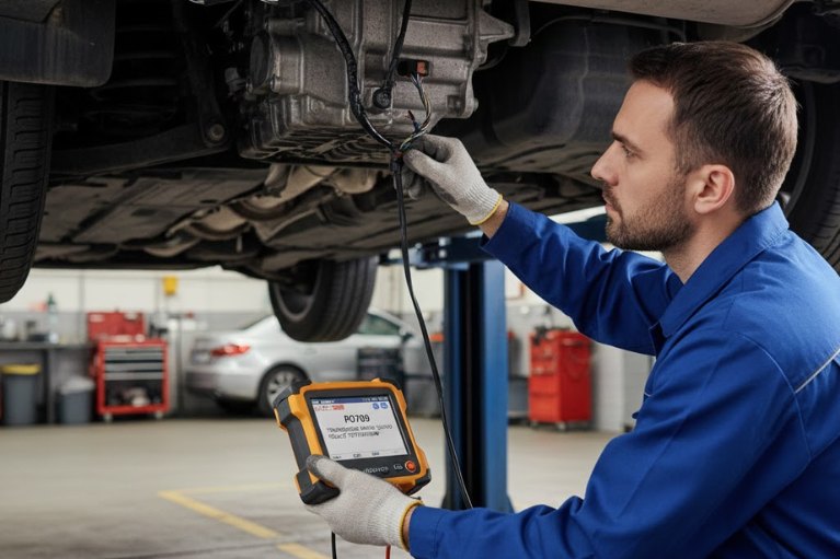 Kỹ thuật viên garage kiểm tra hộp số bằng máy chẩn đoán khi xử lý lỗi P0709.