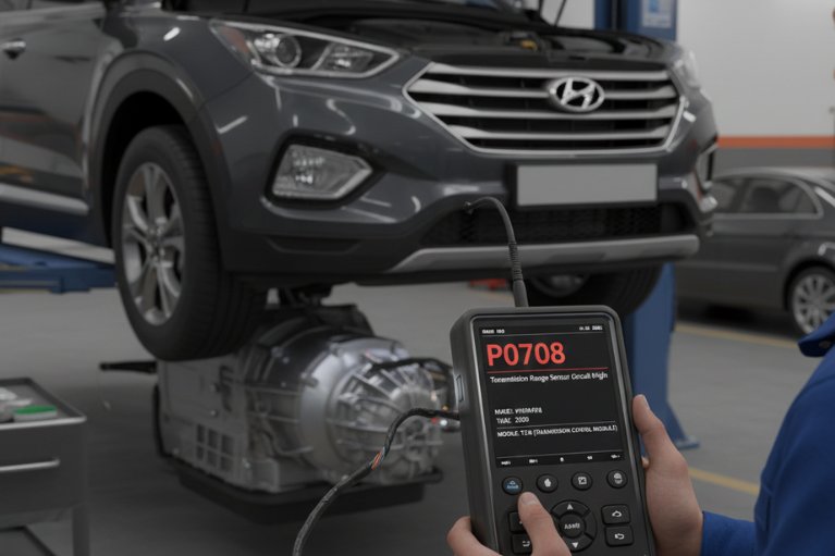 Kỹ thuật viên kiểm tra mã lỗi P0708 bằng máy chẩn đoán tại xưởng VATS