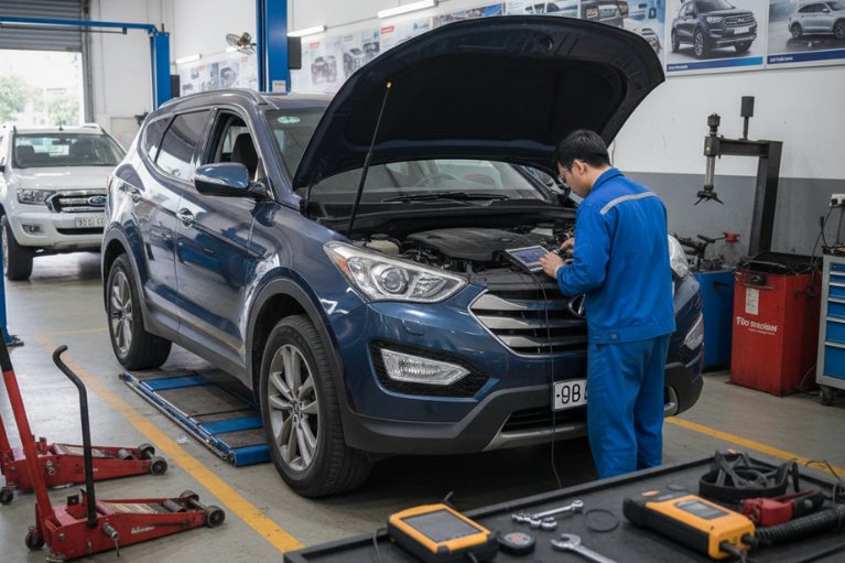 Xe Hyundai SantaFe đang được kiểm tra mã lỗi P0708 tại xưởng VATS