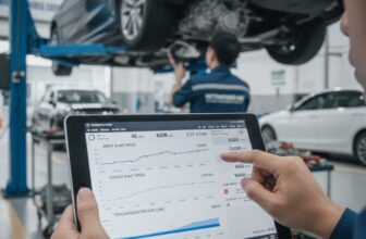 Kỹ thuật viên kiểm tra Live Data chẩn đoán mã lỗi P0730 trên hộp số tự động.