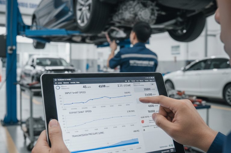 Kỹ thuật viên kiểm tra Live Data chẩn đoán mã lỗi P0730 trên hộp số tự động.