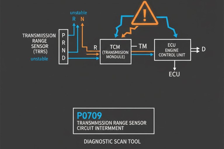 Hình ảnh về sơ đồ luồng tín hiệu TRS – TCM – ECU khi xảy ra lỗi P0709.