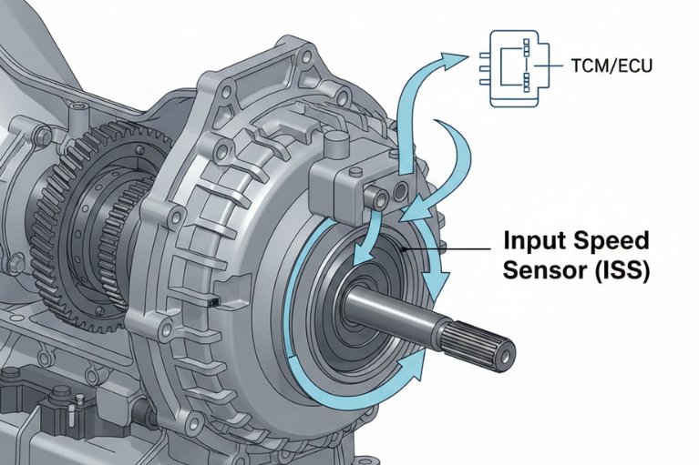 Sơ đồ hộp số tự động với vị trí cảm biến tốc độ đầu vào ISS.