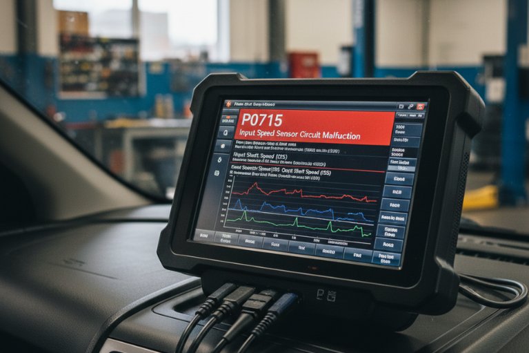 Màn hình thiết bị chẩn đoán hiển thị mã lỗi P0715 của hộp số tự động.