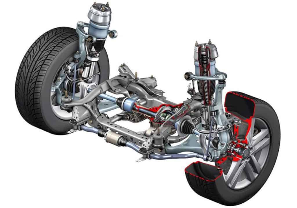 Hình chụp cấu tạo hệ thống giảm xóc Nissan dạng twin-tube và strut trước sau