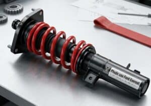 Phuộc xe Ford Everest dạng coilover với lò xo và giảm chấn tích hợp đặt trên nền sáng