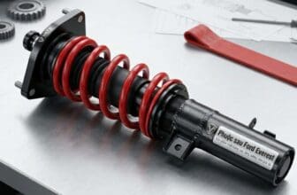 Phuộc xe Ford Everest dạng coilover với lò xo và giảm chấn tích hợp đặt trên nền sáng