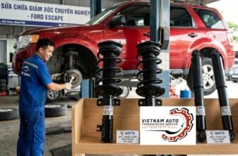 Kỹ thuật viên kiểm tra giảm xóc Ford Escape bằng máy chuyên dụng tại garage, xe được nâng cầu trong quá trình chẩn đoán.