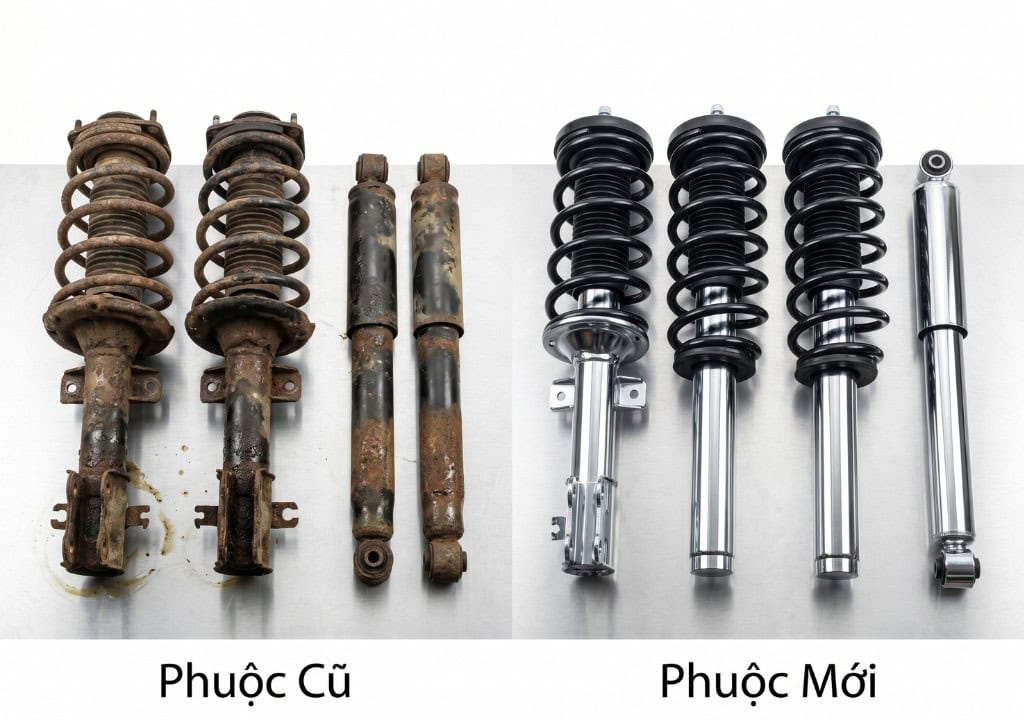 Hình ảnh so sánh phuộc cũ và phuộc mới trên xe Captiva.