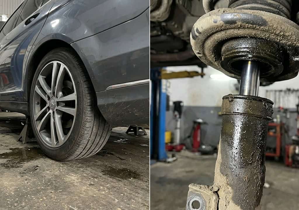 Hình ảnh thực tế phuộc BMW 320i bị rò rỉ dầu, bám bẩn