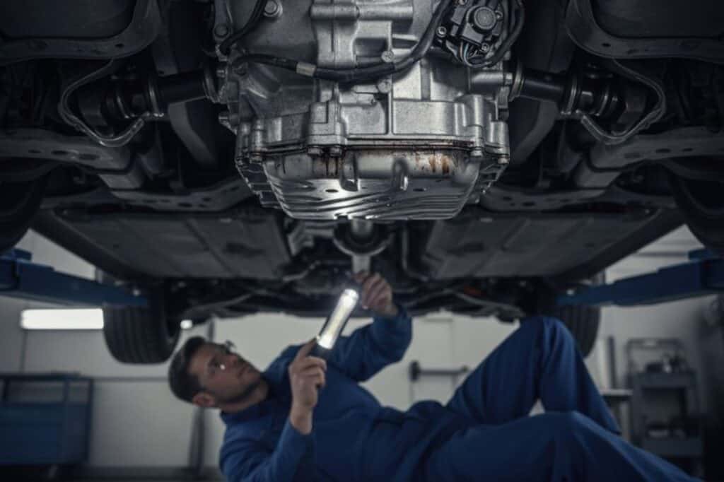 Kỹ thuật viên kiểm tra gầm xe Ford Everest trên cầu nâng, quan sát hệ thống giảm xóc và các chi tiết liên kết