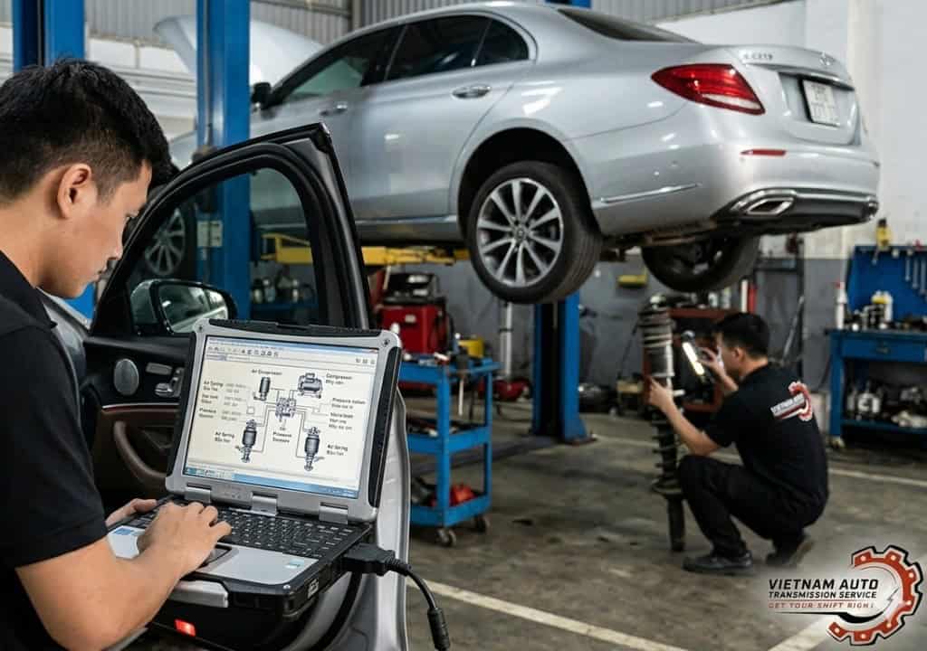 Nhân viên kỹ thuật VATS đang kiểm tra hệ thống treo ô tô bằng máy chẩn đoán.