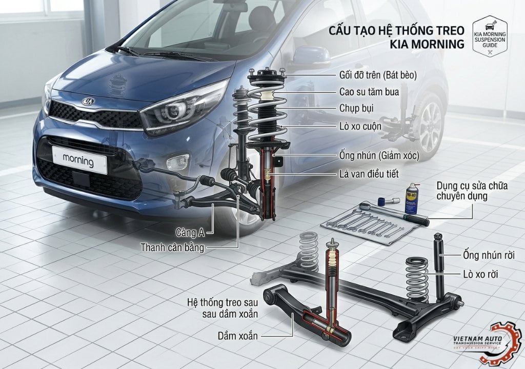 Minh họa cấu tạo hệ thống treo Kia Morning với các bộ phận chính như giảm xóc, lò xo, thanh cân bằng và dầm xoắn sau.