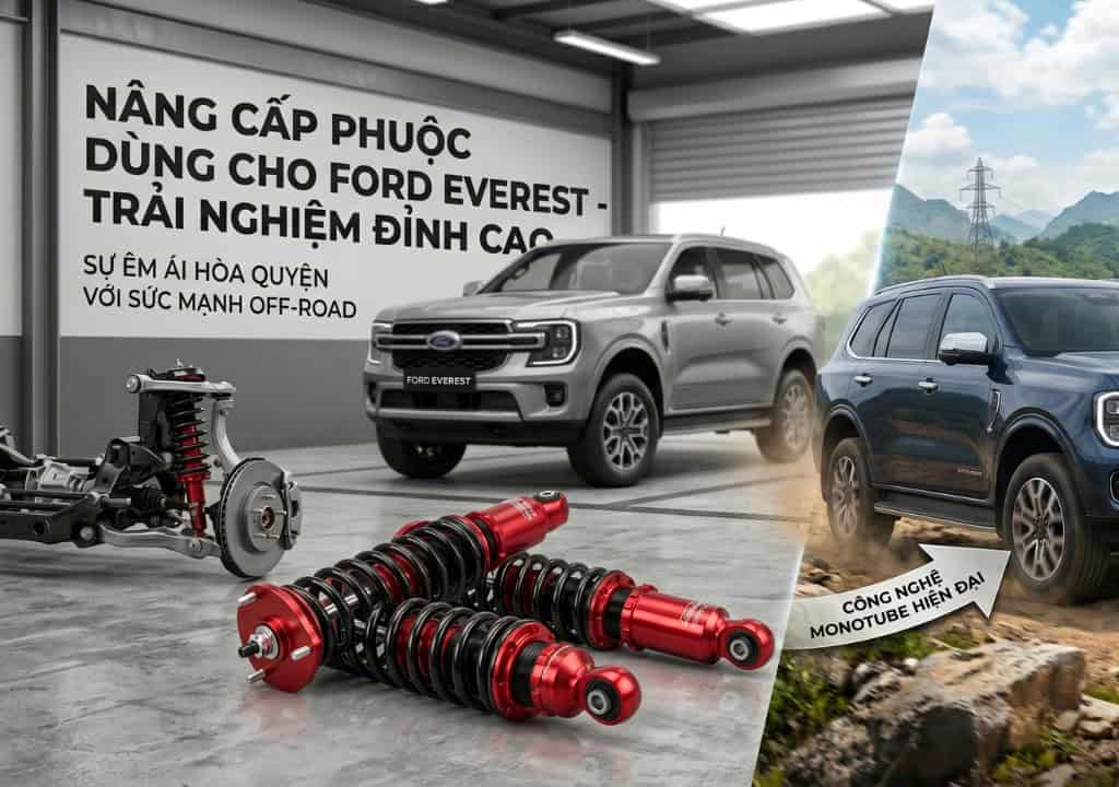 Hình ảnh bộ giảm xóc Ford Everest, thể hiện cấu tạo lò xo và ty giảm chấn trong không gian gara